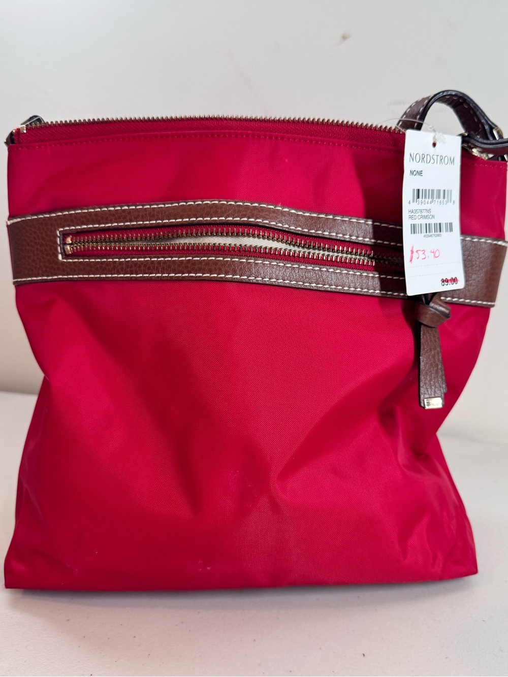 Nordstrom Red Nylon Crossbody with Brown Trim and Zip Detail
